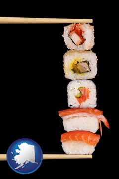 sushi with chopsticks - with Alaska icon