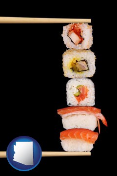 sushi with chopsticks - with Arizona icon
