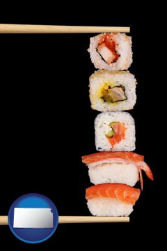 sushi with chopsticks - with Kansas icon