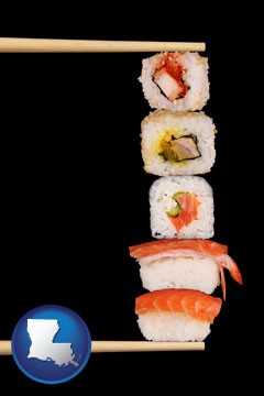 sushi with chopsticks - with Louisiana icon